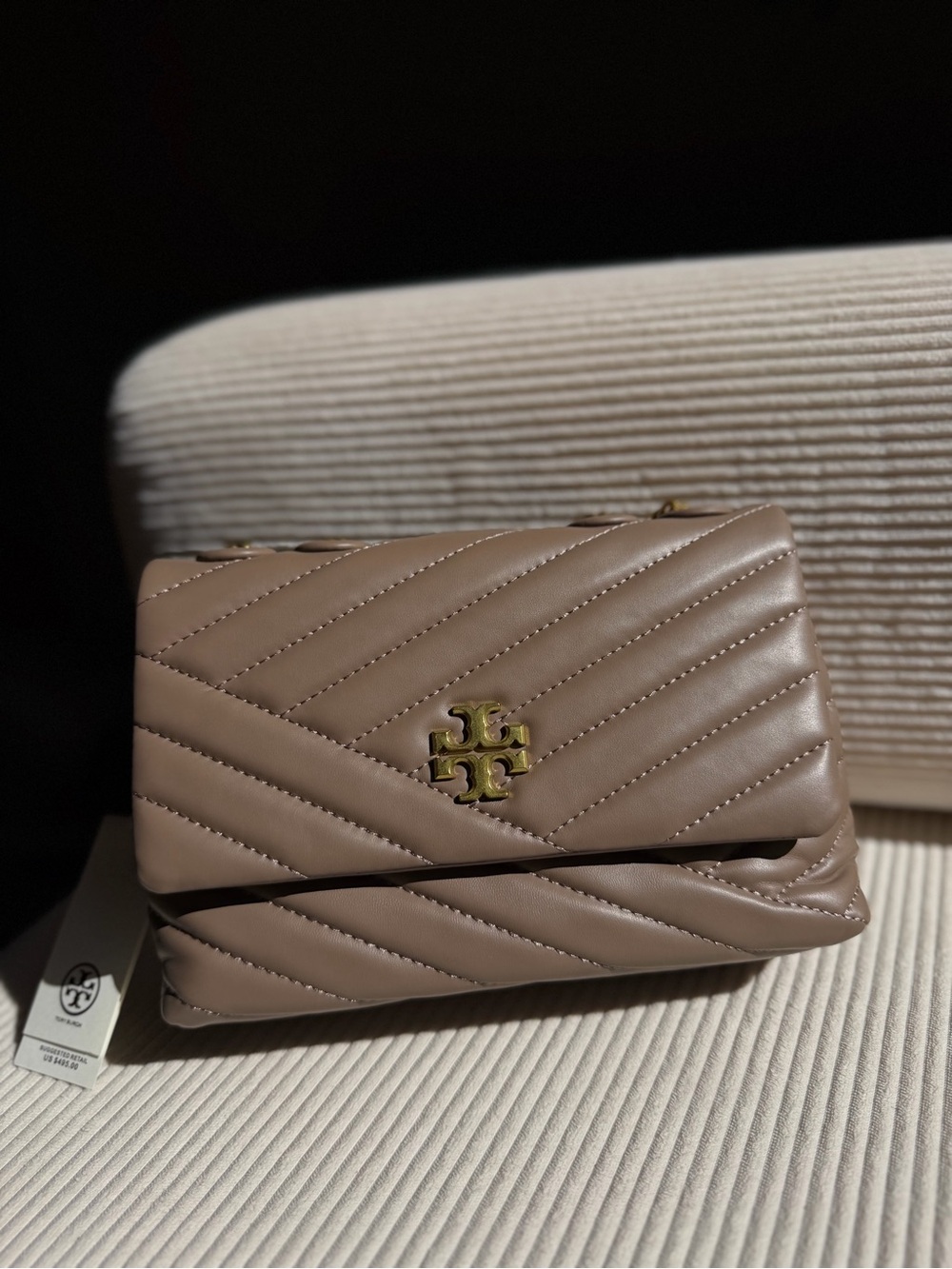 Tory Burch Quilted Crossbody Bag in Taupe with Gold Logo